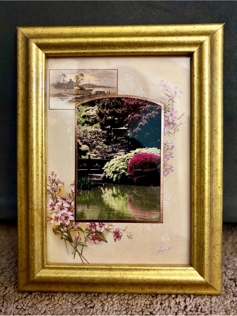 Shimmery Gold Picture Frame with Floral Matting - Gold